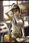  1girl ;d alternate_costume armpits bangs black_hair breasts cooking eyebrows_visible_through_hair hair_between_eyes hairband hand_up highres kantai_collection kitchen long_hair looking_at_viewer medium_breasts one_eye_closed open_mouth ponytail seitei_(04seitei) shirt sketch sleeveless sleeveless_shirt smile solo upper_body white_shirt yahagi_(kancolle) 