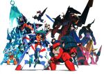  2boys 2girls black_hair blue_eyes breasts crossover drill galo_thymos goggles goggles_on_head gurren-lagann highres jacket kill_la_kill king_kittan lagann lazengann luluco matoi_ryuuko mecha mechanical multiple_boys multiple_crossover multiple_girls promare short_hair simon_(ttgl) source_request standing tengen_toppa_gurren_lagann trigger-chan uchuu_patrol_luluco weapon yoshinari_you 