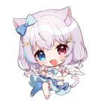  1girl :d animal_ears bangs bloomers blue_bow blue_eyes blue_hair blue_legwear blue_skirt blush bow cat_ears cat_girl cat_tail chibi commission eyebrows_visible_through_hair fang flower full_body grey_hair hair_bow hair_ornament hairclip heterochromia looking_at_viewer lowres multicolored_hair open_mouth original pink_flower puffy_short_sleeves puffy_sleeves red_eyes shirt shoes short_sleeves simple_background single_thighhigh skeb_commission skirt smile solo streaked_hair tail thighhighs underwear white_background white_bloomers white_shirt x_hair_ornament yamabukiiro 