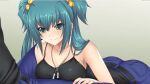  1boy 1girl aqua_hair bangs bell belt black_belt black_shirt blue_pants breasts cleavage closed_mouth collarbone cui_yifei eyebrows_visible_through_hair game_cg green_eyes hair_bell hair_between_eyes hair_ornament large_breasts long_hair medium_breasts muvluv muvluv_alternative muvluv_alternative_strike_frontier official_art pants shiny shiny_hair shirt sideboob sleeveless sleeveless_shirt smile spaghetti_strap two_side_up 