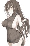 1girl arknights bangs bare_arms bare_shoulders black_hair black_sweater blush breasts covered_nipples cowboy_shot eyebrows_visible_through_hair hand_up highres holding holding_hair impossible_clothes impossible_sweater large_breasts long_hair looking_at_viewer magallan_(arknights) meme_attire multicolored_hair naked_sweater otsumami_(02mami) ribbed_sweater sideboob sideways_glance simple_background smile solo streaked_hair sweater very_long_hair virgin_killer_sweater white_background white_hair yellow_eyes 