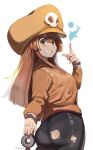  1girl anchor ass brown_eyes brown_hair dolphin grin guilty_gear guilty_gear_strive hat highres hood hoodie index_finger_raised long_hair looking_at_viewer may_(guilty_gear) orange_headwear orange_hoodie orange_shirt pirate_hat shirt sho-n-d skull_and_crossbones smile torn_clothes 