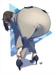  1girl ass ass_focus bent_over brown_hair commentary_request dated formal glasses high_heels highres huge_ass long_hair looking_at_viewer looking_back namaniku_atk pantylines pinstripe_pattern pinstripe_suit signature solo striped suit 