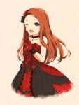  1girl ;d black_choker brown_hair choker collarbone cropped_legs dress eyelashes floating_hair gloves hand_on_hip highres idolmaster idolmaster_(classic) index_finger_raised jewelry long_hair maa_(io_215) minase_iori one_eye_closed open_mouth pendant red_dress red_eyes red_gloves simple_background sleeveless sleeveless_dress smile solo standing strapless strapless_dress very_long_hair white_background 
