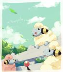  :d absurdres alternate_color black_eyes blurry border character_name cloud commentary_request day fence gen_2_pokemon highres kura_(shironagasu02) leaves_in_wind looking_up mareep no_humans open_mouth outdoors pokemon pokemon_(creature) sheep shiny_pokemon sky smile tongue white_border 
