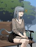  1girl bangs bench black_skirt breasts cleavage closed_eyes feet_out_of_frame gogalking grey_shirt highres holding jewelry long_hair long_sleeves necklace ofelia_(gogalking) original outdoors parted_lips shadow shirt sitting skirt smile solo tree very_long_hair 