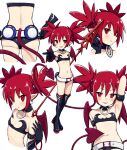  1girl absurdres armpits ass bangle bat_wings belt black_gloves black_legwear blush boots bracelet choker demon_girl disgaea earrings elbow_gloves etna eyebrows_visible_through_hair eyes_visible_through_hair flat_chest full_body gloves hair_between_eyes highres jewelry looking_at_viewer makai_senki_disgaea midriff mini_wings multiple_views navel pointy_ears red_eyes red_hair short_shorts shorts simple_background skull_earrings slit_pupils smile tail thigh_boots thighhighs thighhighs_under_boots twintails white_background wings 