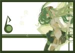  1girl absurdly_long_hair arms_behind_back bare_arms black_eyes black_legwear black_skirt boku_no_sainou_(vocaloid) border circle closed_mouth collared_shirt commentary cowboy_shot eighth_note expressionless facing_away flat_chest green_hair green_theme hatsune_miku jitome limited_palette long_hair looking_down messy_hair musical_note necktie number_tattoo paint_splatter pleated_skirt profile ruuya_higashino shapes shirt shoulder_tattoo simple_background skirt sleeveless sleeveless_shirt solo song_name tattoo thighhighs translated triangle twintails very_long_hair vocaloid white_background wowaka zettai_ryouiki 