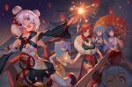  6+girls absurdres apple black_hair blue_eyes bronya_zaychik china_dress chinese_clothes chinese_new_year double_bun dress drill_hair fireworks flower food fruit fu_hua fu_hua_(valkyrie_accipter) grey_eyes grey_hair hair_flower hair_ornament highres honkai_(series) honkai_impact_3rd kiana_kaslana lantern long_hair looking_at_viewer multiple_girls murata_himeko murata_himeko_(vermillion_knight) new_year night night_sky one_eye_closed outdoors raiden_mei red_hair shirt sky steven_kn theresa_apocalypse theresa_apocalypse_(valkyrie_pledge) twin_drills umbrella white_shirt yellow_eyes 