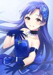  1girl absurdres blue_choker blue_dress blue_gloves blue_hair breasts brown_eyes choker collarbone dress earrings floating_hair gloves grin hair_intakes hair_ornament highres idolmaster idolmaster_(classic) idolmaster_million_live! idolmaster_million_live!_theater_days jewelry kisaragi_chihaya long_hair looking_at_viewer mikapoe sleeveless sleeveless_dress small_breasts smile solo standing strapless strapless_dress very_long_hair 