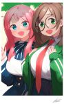  2girls :d ahoge blue_bow blue_eyes blue_neckwear blush border bow breasts brown_hair collared_shirt glasses green_eyes hands_up highres large_breasts long_hair long_sleeves looking_at_viewer minamoto_sakura multiple_girls necktie open_mouth pink_hair red_neckwear round_eyewear ryusei_hashida shirt signature smile white_border white_shirt wing_collar yuzuriha_maimai zombie_land_saga 