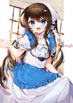  1girl :d apron bangs blue_apron blue_eyes blush brown_hair choker collarbone commission dress eyebrows_visible_through_hair frilled_apron frills hair_between_eyes hand_up head_scarf long_hair looking_at_viewer open_mouth original puffy_short_sleeves puffy_sleeves short_sleeves skeb_commission smile solo very_long_hair white_choker white_dress window yamabukiiro 