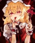  1girl blonde_hair blood blood_on_face bloody_hands blurry bright_pupils depth_of_field finger_licking flandre_scarlet fork hat highres holding holding_fork licking looking_at_viewer medium_hair mob_cap one_side_up paragasu_(parags112) parted_lips red_background red_eyes red_vest simple_background solo tongue touhou upper_body vest 