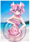  1girl absurdres ahoge artist_name bangs beach blue_eyes border breasts cowboy_shot cross-laced_clothes cross-laced_swimsuit day food_print hair_ornament heart heart_hair_ornament highres horns innertube ironmouse large_breasts lens_flare multicolored_hair outdoors pink_hair pink_swimsuit purple_hair satsumaroo solo strawberry_print streaked_hair swimsuit tail virtual_youtuber vshojo white_border 