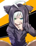  1boy ahoge androgynous animal_hood blue_eyes cat_hood collarbone commentary_request drawstring earrings green_eyes heterochromia hood hoodie jewelry looking_at_viewer mahiruno male_focus purple_hoodie signature sitting solo thumb_to_mouth tongue tongue_out utatane_piko v-shaped_eyebrows vocaloid white_hair 