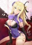  1girl bangs black_gloves blonde_hair blush breasts china_dress chinese_clothes cleavage cleavage_cutout clothing_cutout couch dress elbow_gloves gloves green_eyes hair_ribbon jin-lian large_breasts long_hair looking_at_viewer one_side_up original purple_dress ribbon short_dress short_sleeves side_slit smile thighlet thighs tony_taka 