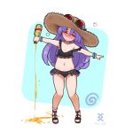  bangs beer_bottle bikini blush bracelet breasts connector_yumi deformed drunk eyebrows_visible_through_hair full-face_blush hat jewelry last_origin long_hair midriff mouth_drool navel purple_hair small_breasts spilling sun_hat swimsuit toriseru_(thesuperhero) yellow_eyes 