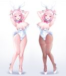  1girl animal_ears blue_eyes bow bowtie breasts bunny_ears bunny_tail cleavage covered_navel detached_collar fake_animal_ears fishnet_legwear fishnets hair_between_eyes heart heart-shaped_pupils high_heels highres horns kanola_u large_breasts leotard looking_at_viewer original pantyhose pink_hair playboy_bunny short_hair skindentation smile strapless strapless_leotard symbol-shaped_pupils tail white_leotard wrist_cuffs 