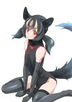  1girl absurdres aye-aye_(kemono_friends) bare_shoulders between_legs black_dress black_gloves black_hair black_legwear black_neckwear blonde_hair china_dress chinese_clothes commentary_request dress elbow_gloves eyebrows_visible_through_hair gloves hand_between_legs highlights highres kemono_friends lemur_ears lemur_girl lemur_tail looking_at_viewer multicolored_hair pink_hair red_eyes scarf short_hair sitting sleeveless solo tanabe_(fueisei) thighhighs twintails wariza zettai_ryouiki 