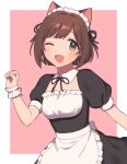  1girl ;d animal_ears apron bangs black_ribbon black_shirt black_skirt border brown_hair cat_ears chiyoko_(tykchiyo) detached_collar eyebrows_visible_through_hair fang frilled_apron frills green_eyes hair_ribbon idolmaster idolmaster_cinderella_girls looking_at_viewer maekawa_miku maid_headdress neck_ribbon one_eye_closed open_mouth pink_background ribbon shiny shiny_hair shirt short_hair short_sleeves skirt smile solo standing waist_apron white_apron white_border wrist_cuffs 