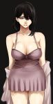  1girl black_background black_hair blue_eyes blurry breasts camisole cleavage commentary cowboy_shot depth_of_field eyebrows_visible_through_hair eyes_visible_through_hair furrowed_brow hair_between_eyes highres hoshi_san_3 large_breasts lips looking_at_viewer medium_hair mole mole_on_arm mole_on_breast mole_on_thigh mole_under_eye mole_under_mouth nightgown off_shoulder original plump purple_camisole simple_background sleepwear solo straight_hair thighs 