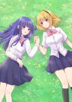  2girls :d bangs black_hairband black_legwear blonde_hair blue_hair blue_skirt blunt_bangs closed_mouth collared_shirt dress_shirt eye_contact friends furude_rika grass hairband higurashi_no_naku_koro_ni holding_hands houjou_satoko interlocked_fingers kneehighs long_hair looking_at_another lying maekawa_suu medium_hair miniskirt multiple_girls on_back open_mouth pink_neckwear pleated_skirt purple_eyes red_eyes school_uniform shiny shiny_hair shirt skirt smile st._lucia_academy_school_uniform straight_hair white_shirt wing_collar 