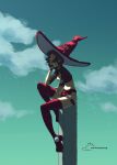  1girl bangs black_hair fingerless_gloves gloves guilty_gear guilty_gear_strive hat highres i-no large_hat looking_to_the_side okamiennoir red_headwear red_legwear short_hair sitting sky thigh_strap thighhighs very_short_hair witch_hat 