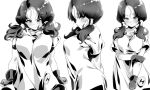  1girl blush breasts closed_mouth collarbone dragon_ball dragon_ball_z fingerless_gloves gloves greyscale looking_at_viewer low_twintails monochrome multiple_views rom_(20) shirt short_sleeves short_twintails standing twintails videl 