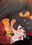  1boy 1girl ashley_(warioware) bar_censor black_hair censored crown cum cum_in_mouth cum_in_nose deepthroat fellatio heart heart-shaped_pupils hetero highres large_penis long_hair long_sleeves mizumizuni neckerchief oral orange_neckwear penis red_eyes red_shirt shirt skull_ornament steaming_body symbol-shaped_pupils textless twintails twitter_username warioware wide-eyed 