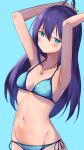  1girl absurdres ahoge aqua_eyes armpits arms_up bangs bikini blue_background blue_bikini blush breasts commentary_request cowboy_shot eyebrows_visible_through_hair hair_between_eyes halterneck highres idolmaster idolmaster_million_live! jewelry kuro_kinkan long_hair looking_at_viewer medium_breasts mochizuki_anna navel necklace purple_hair reward_available side-tie_bikini simple_background solo stomach string_bikini swimsuit 