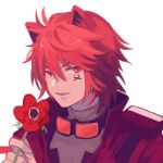  1boy animal_ears arknights bangs chiave_(arknights) chinese_commentary commentary_request facial_mark flower fox_ears goggles goggles_around_neck grey_shirt hair_between_eyes highres holding holding_flower jacket male_focus red_eyes red_flower red_hair red_jacket shirt short_hair simple_background solo towne upper_body white_background 