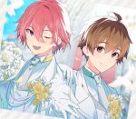  2boys ;d ahoge bangs blurry blurry_background brown_eyes brown_hair closed_mouth collared_shirt commentary_request depth_of_field eyebrows_visible_through_hair flower formal gloves gyozanuko hair_between_eyes hand_on_another&#039;s_shoulder hands_up highres jacket kannabe_ayumu kuzuryuu_yaichi long_sleeves male_focus multiple_boys one_eye_closed open_mouth pink_hair purple_eyes ryuuou_no_oshigoto! shirt smile suit upper_body white_flower white_gloves white_jacket white_neckwear white_shirt yellow_flower 