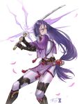  1girl absurdres armor blush bow breasts fate/grand_order fate_(series) fingerless_gloves gloves gradient hair_between_eyes highres holding holding_weapon katana lan_xiezi large_breasts light_purple_eyes long_hair minamoto_no_raikou_(fate) parted_lips petals puffy_sleeves purple_eyes purple_hair signature simple_background solo sword turtleneck vambraces very_long_hair weapon white_background 