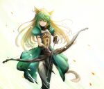  1girl absurdres ahoge animal_ears atalanta_(fate) blonde_hair bow_(weapon) cat_ears dress fate/apocrypha fate/grand_order fate_(series) gauntlets green_hair highres holding holding_bow_(weapon) holding_weapon long_hair multicolored_hair puffy_short_sleeves puffy_sleeves short_sleeves smile solo thighhighs two-tone_hair weapon yuniyuni 