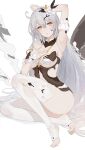  1girl alternate_costume arm_up armpits bare_shoulders closed_mouth flower full_body hair_flower hair_ornament highres honkai_(series) honkai_impact_3rd kiana_kaslana kiana_kaslana_(herrscher_of_the_void) legs looking_at_viewer no_shoes simple_background taichi_(yirkorn) toes white_background white_hair white_legwear yellow_eyes 