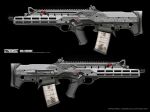  artist_name assault_rifle asterozoa black_background bullpup english_commentary gun magazine_(weapon) multiple_views no_humans original rifle trigger weapon weapon_sheet 