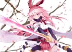  1girl absurdres animal_ears cherry_blossoms closed_mouth fox_ears highres holding holding_weapon honkai_(series) honkai_impact_3rd katana kklona looking_at_viewer pink_hair purple_eyes sheath sheathed simple_background solo sword weapon white_background white_legwear yae_sakura yae_sakura_(gyakushinn_miko) 