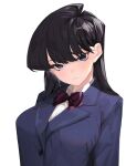  1girl bangs black_hair blazer blue_eyes blue_jacket bow bowtie breasts collared_shirt expressionless furisuku hair_behind_ear head_tilt jacket komi-san_wa_komyushou_desu komi_shouko large_breasts looking_at_viewer school_uniform shirt solo striped striped_neckwear upper_body white_background white_shirt 