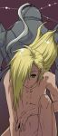  1boy alphonse_elric armor bangs blonde_hair brown_background closed_mouth commentary_request completely_nude feet_out_of_frame fullmetal_alchemist grey_eyes hair_between_eyes hair_over_one_eye long_hair looking_at_viewer male_focus navel nude sezaki_takumi simple_background solo 