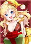  1girl :d bangs belt black_belt blonde_hair blue_eyes blush box bra breasts christmas cleavage collarbone eyebrows_visible_through_hair floating_hair gift gift_box hair_between_eyes hat highres holding holding_box idolmaster idolmaster_cinderella_girls long_hair looking_at_viewer medium_breasts merry_christmas mikapoe ohtsuki_yui open_mouth plaid plaid_bra pleated_skirt red_background red_bra santa_hat shiny shiny_hair skirt smile solo underwear very_long_hair yellow_headwear yellow_skirt 