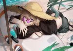  1girl :d absurdres animal_ear_fluff animal_ears aqua_nails arknights beach bikini black_shawl blue_sky bracelet breasts cleavage cloud collarbone commentary_request crazy_straw cup day drinking_glass drinking_straw grey_bikini grey_shorts hat heart_straw highres jewelry large_breasts looking_at_viewer looking_to_the_side lying midu5 official_alternate_costume on_stomach open_mouth outdoors platinum_blonde_hair purple-tinted_eyewear purple_eyes shawl short_hair shorts sky smile solo striped striped_bikini sun_hat sunglasses swimsuit tail tinted_eyewear tree utage_(arknights) utage_(summer_flowers)_(arknights) vertical-striped_bikini vertical_stripes 
