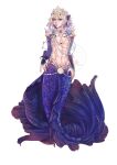  1boy blonde_hair blue_tail bracelet emienvee2811 eyelashes fish_tail hair_ornament head_fins highres jewelry male_focus merman monster_boy multicolored_hair pearl_bracelet purple_eyes purple_hair scales shell_hair_ornament solo tail twisted_wonderland two-tone_hair vil_schoenheit 