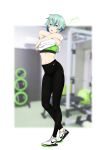  1girl absurdres black_pants blue_eyes blue_hair blurry blurry_background bra clothes_lift full_body green_bra hair_ornament hairclip highres lifted_by_self looking_at_viewer midriff navel nike open_mouth pants shiny shiny_hair shirt shirt_lift shoes short_hair sinon skin_tight sneakers solo sports_bra stomach sword_art_online t-shirt underwear white_shirt yaato_(yamato99725444) 