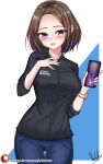  1girl black_shirt blue_eyes blue_pants blush breasts brown_hair cellphone cowboy_shot ear_piercing highres holding holding_phone looking_at_viewer medium_breasts nekobox open_mouth pants patreon_username phone piercing samsung samsung_sam shirt smartphone smile solo standing thigh_gap 