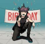  1girl \m/ artemis_of_the_blue atelier_live black_footwear black_hair black_pants black_shirt blush closed_eyes confetti eyewear_on_head gogalking happy_birthday highres long_hair one_knee open_mouth pants shadow sharp_teeth shirt shoes short_sleeves smile solo teeth very_long_hair 