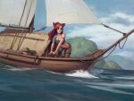  1girl absurdres animal_ears bangs blue_eyes boat borrowed_character breasts cat_ears cleavage commission facial_mark final_fantasy final_fantasy_xiv grin highres huge_filesize i0525 leaning_forward medium_breasts midriff miqo&#039;te ocean one_side_up pants parted_bangs red_hair sailing smile solo tattoo watercraft whisker_markings 