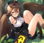  1girl absurdres bangs bare_shoulders beret bird_legs black_skirt blue_headwear blue_jacket blush book breasts brown_eyes brown_hair brown_wings chinese_commentary clover_theater commentary_request feathered_wings glasses grass harpy hat high-waist_skirt highres jacket long_hair looking_at_viewer medium_breasts monster_girl norris_(clover_theater) semi-rimless_eyewear shirt short_eyebrows sitting skirt solo tree white_shirt winged_arms wings ziyue 