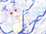  1girl :o animal_ears azur_lane bangs bare_shoulders blue_flower bouquet breasts bride bunny_ears collarbone commentary dress eyebrows_visible_through_hair flower gloves hair_between_eyes hair_flower hair_ornament hair_ribbon hand_up highres jewelry laffey_(azur_lane) laffey_(white_rabbit&#039;s_oath)_(azur_lane) long_hair looking_at_viewer official_alternate_costume parted_lips pendant red_eyes ribbon rose shikito small_breasts solo strapless strapless_dress twintails very_long_hair wedding_dress white_dress white_flower white_gloves white_hair white_ribbon white_rose yellow_flower 