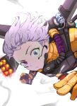  1girl absurdres apex_legends bodysuit cable falling firing gloves hair_behind_ear headset highres hitsujisnow holographic_interface jetpack looking_at_viewer mechanical_wings missile_pod orange_bodysuit orange_gloves purple_eyes science_fiction short_hair silver_hair smoke solo valkyrie_(apex_legends) white_background wings 