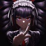  1girl absurdres bangs black_background black_hair black_jacket blunt_bangs bonnet bubi_(bin1886) celestia_ludenberg commentary_request danganronpa:_trigger_happy_havoc danganronpa_(series) drill_hair eyebrows_visible_through_hair gothic_lolita hair_ribbon hairband highres index_finger_raised jacket lolita_fashion lolita_hairband long_hair long_sleeves looking_at_viewer pointing pointing_at_viewer red_background red_eyes red_neckwear ribbon shiny shiny_hair shirt smile solo twin_drills twintails upper_body white_shirt 